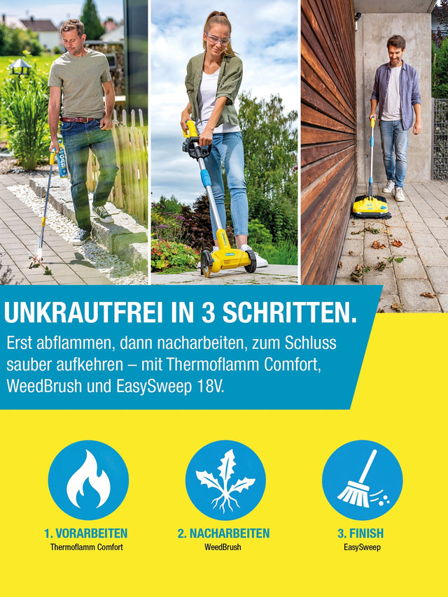 GLORIA Herbstaktion: unkrautfrei in drei Schritten mit Thermoflamm Comfort, WeedBrush und EasySweep 18V