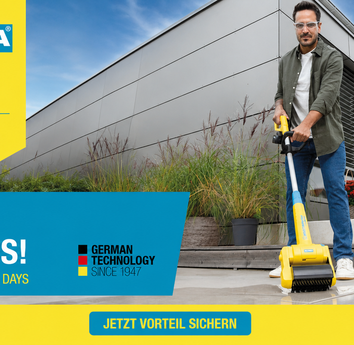 Abgebildet sind die GLORIA DAYS mit 15 Rabatt in einem Zeitraum vom 23.06. bis zum 26.06.2026. Ebenso ist ein Mann mit einem MultiBrush, was ein Reinigungsmaschine ist, zu sehen.