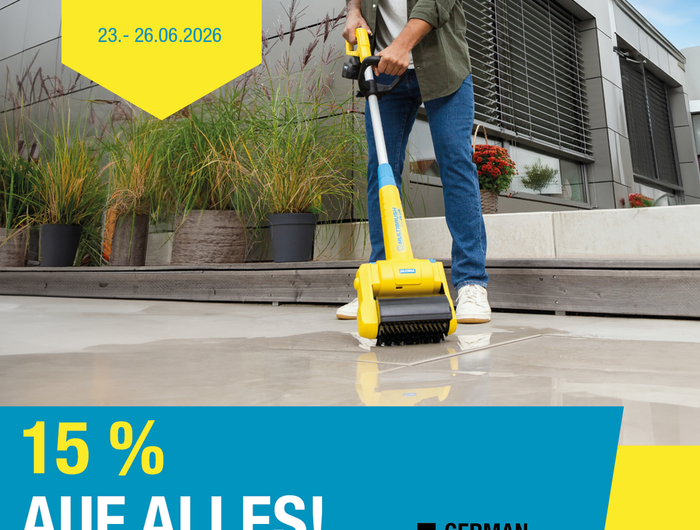 Abgebildet sind die GLORIA DAYS mit 15 Rabatt in einem Zeitraum vom 23.06. bis zum 26.06.2026. Ebenso ist ein Mann mit einem MultiBrush, was ein Reinigungsmaschine ist, zu sehen.