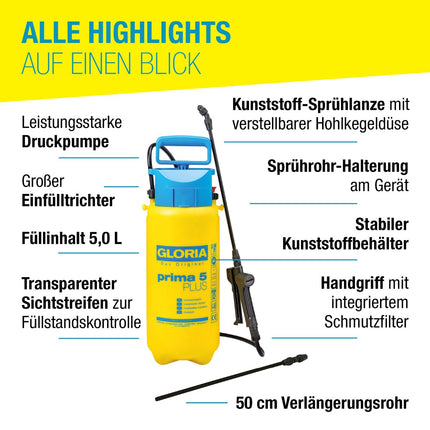 GLORIA prima 5 PLUS Drucksprüher – 5,0 L, verstellbare Kunststoff-Sprühlanze, Sichtstreifen, 50 cm Verlängerungsrohr